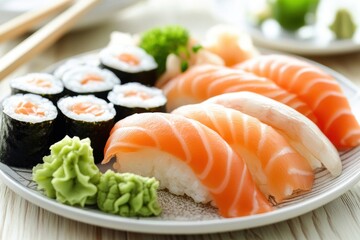 Traditional Sushi Platter with Nigiri, Sashimi, and Rolls, Artfully Arranged with Wasabi and Pickled Ginger
