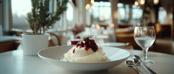 Fototapeta premium A sophisticated dessert, accented with a sprig of dill and vibrant berries, is showcased in an elegant restaurant setting.