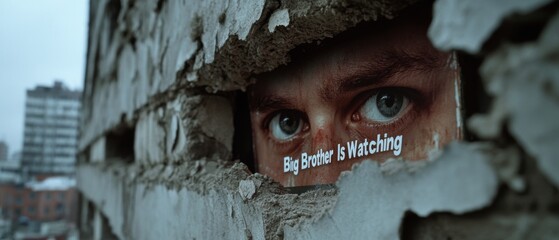 A torn wall reveals eyes and the ominous message "Big Brother Is Watching," highlighting themes of surveillance and dystopia.