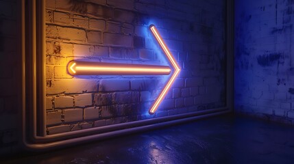 Neon arrow icon in neon style on a brick wall background.