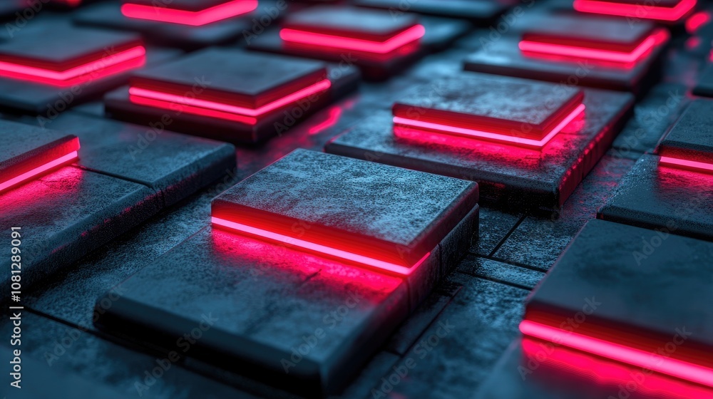 Poster futuristic abstract background with neon pink and blue glowing rectangles on a textured dark surface