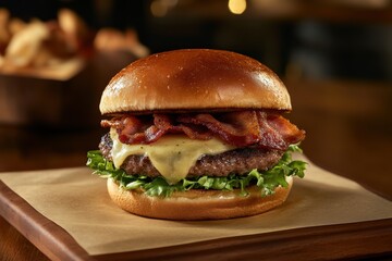 Classic Burger with Juicy Beef Patty, Melted Cheese, Crispy Bacon, and Fresh Lettuce on a Toasted Brioche Bun
