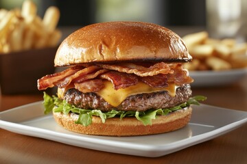 Classic Burger with Juicy Beef Patty, Melted Cheese, Crispy Bacon, and Fresh Lettuce on a Toasted Brioche Bun
