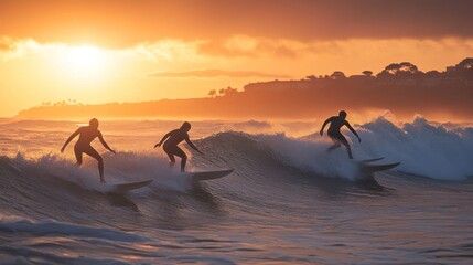 Three surfers ride waves at sunrise, silhouetted against the golden sky.