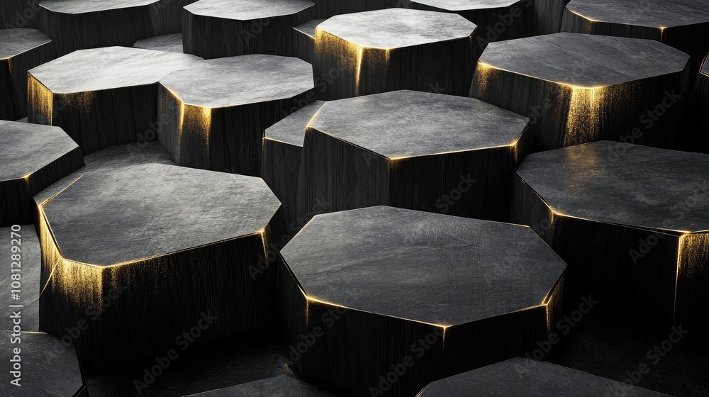 Poster abstract hexagonal surfaces with illuminated edges showcasing dark textures and modern design in a u