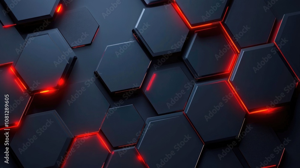 Poster sleek black hexagonal background with glowing red accents for modern technology and futuristic desig