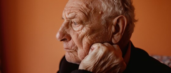 Profile of an elderly man deep in thought, against a warm orange wall, highlighting reflection and wisdom.