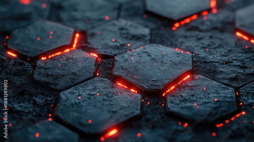 Poster close-up of glowing hexagonal stones with cracked surfaces and fiery lava effects, creating a dramat