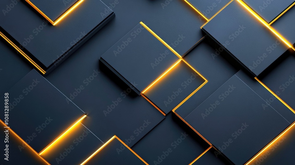 Poster abstract geometric background with illuminated black and gold squares, creative digital design for m