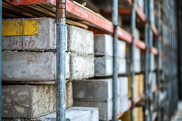 Stacked concrete blocks against steel scaffolding.