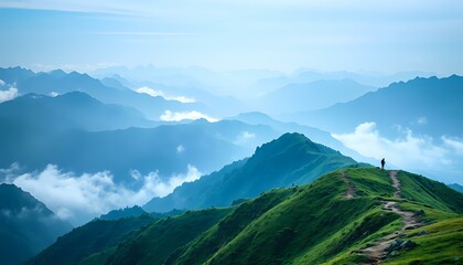 Fototapeta premium Breathtaking Mountain Range View - Hiking Trail Path - Adventure Awaits