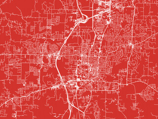 Christmas Map of Fayetteville Arkansas, USA in Snowy White on Festive Red Background.