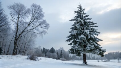 Fototapeta premium Snow-covered pine tree in winter landscape