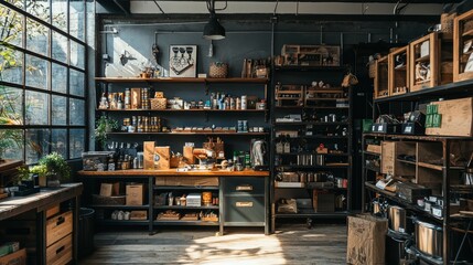 Fototapeta premium Rustic home store interior with wooden shelves and products
