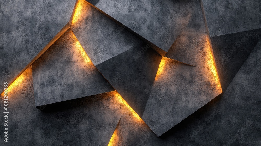 Poster abstract geometric design featuring three-dimensional shapes with textured surfaces and glowing edge