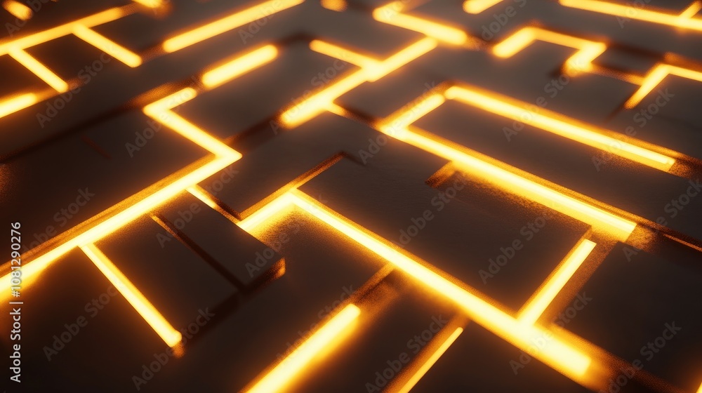 Poster abstract maze with glowing lines creating intricate pathways, emphasizing depth and modern design wi