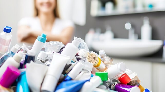 A large pile of colorful skincare products symbolizes letting go of an obsessive routine.