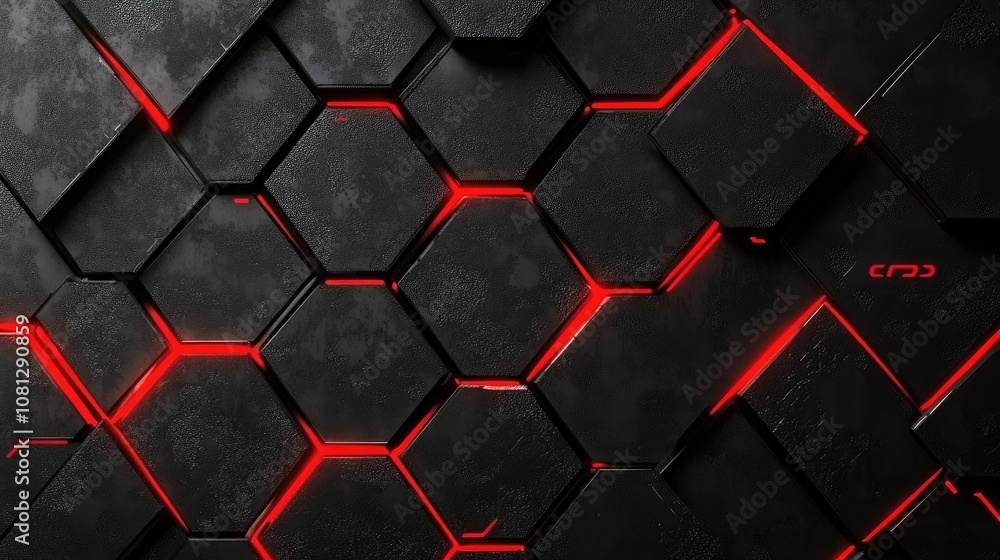 Poster abstract black and red hexagonal pattern with illuminated lines creating a modern and futuristic bac