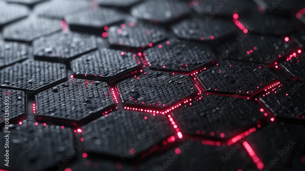 Poster abstract close-up of a textured hexagonal surface illuminated by red light, featuring droplets of wa