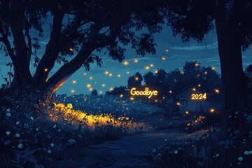 A night scene with fireflies forming the words "Goodbye 2024" in a forest setting.