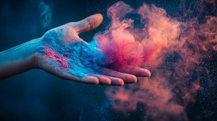 Fototapeta premium Hand holding vibrant colored powder in motion