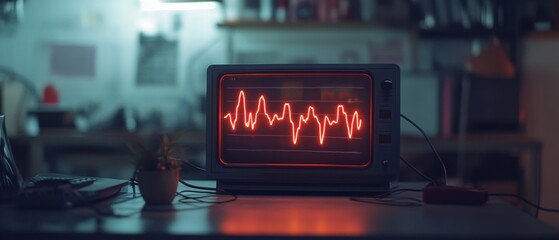 An old-fashioned monitor displays a bright red heartbeat line, casting a sense of nostalgia in a dimly lit room.
