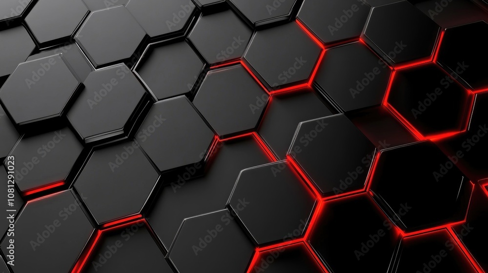 Poster modern abstract background with black hexagonal tiles and glowing red edges, perfect for technology,