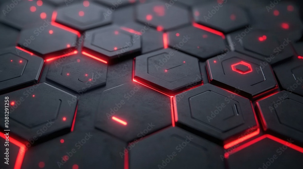 Poster abstract futuristic hexagonal pattern with glowing red lines and dark background, perfect for techno
