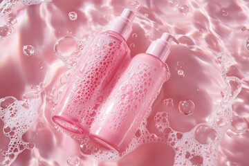 Obraz premium Cleaning products, Cosmetic Product Presentation in Pale Background Setting Displaying Cleaning Bottles and Shampoo Containers for Showcases and Photography