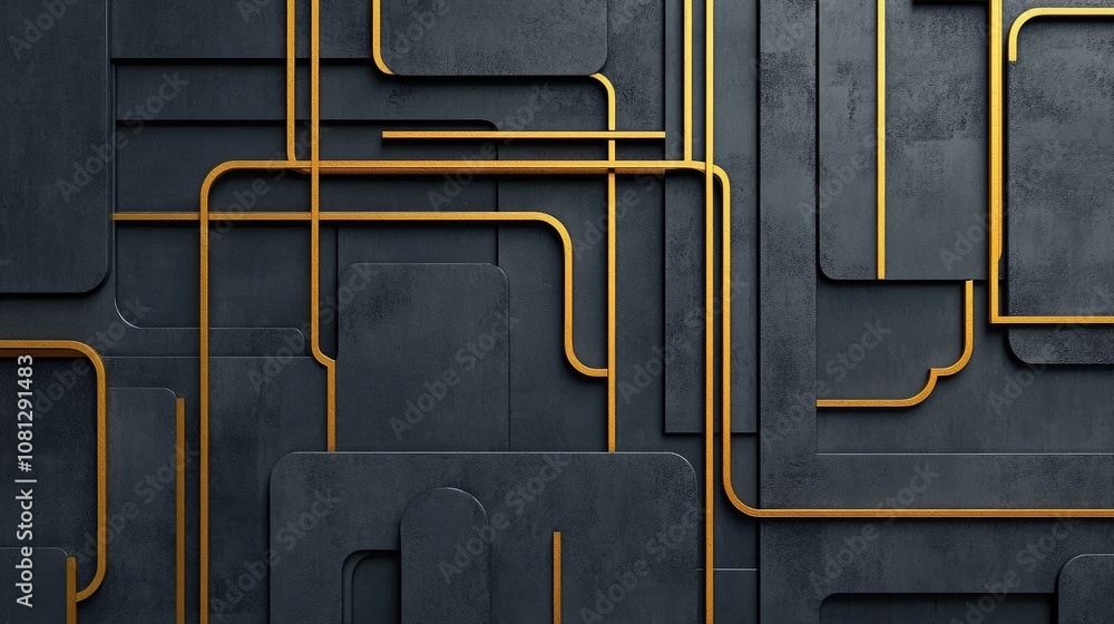 Poster abstract background with geometric lines and shapes in dark tone featuring metallic gold accents for