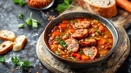 Lentil soup with sausages in a bowl