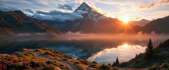 Naklejka premium Sunset Over Alpine Lake with Majestic Mountain Range