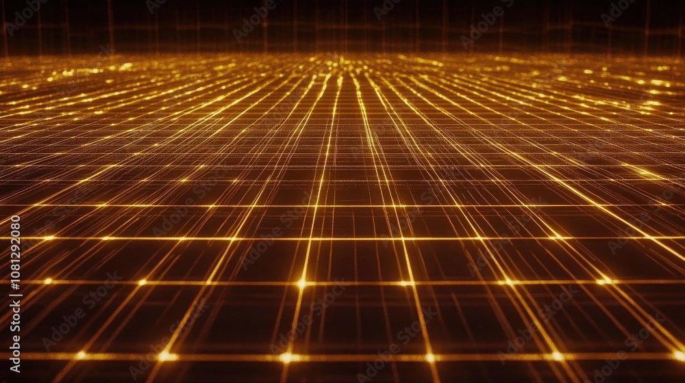 Poster futuristic glowing grid with shimmering golden lights extending infinitely across the surface creati