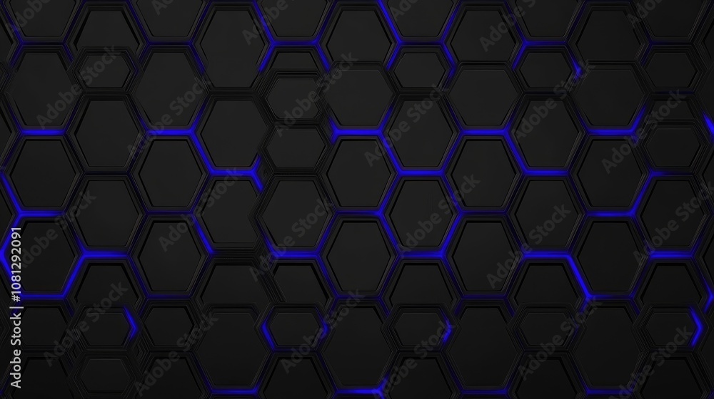Poster intricate hexagonal pattern with glowing blue accents on a dark background for modern design and tec