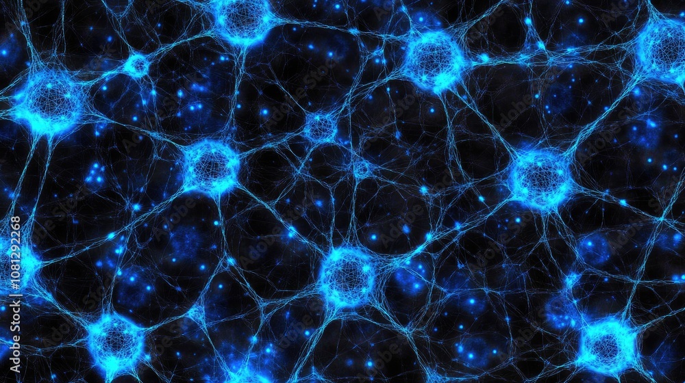 Poster intricate network of glowing neurons in electric blue with dark background, representing neural conn