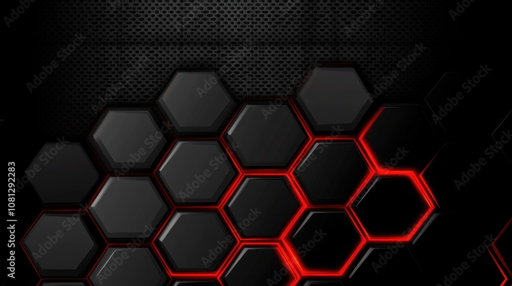 Poster abstract futuristic background with black and red hexagonal patterns and a textured surface that con