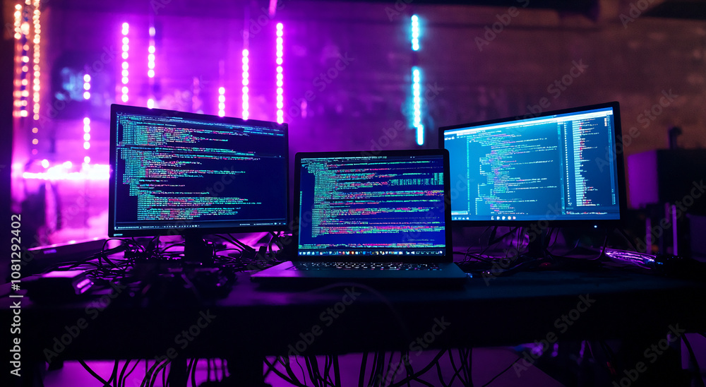 Poster Three computers with code displayed on their screens sit on a table in front of a stage with purple and blue lights