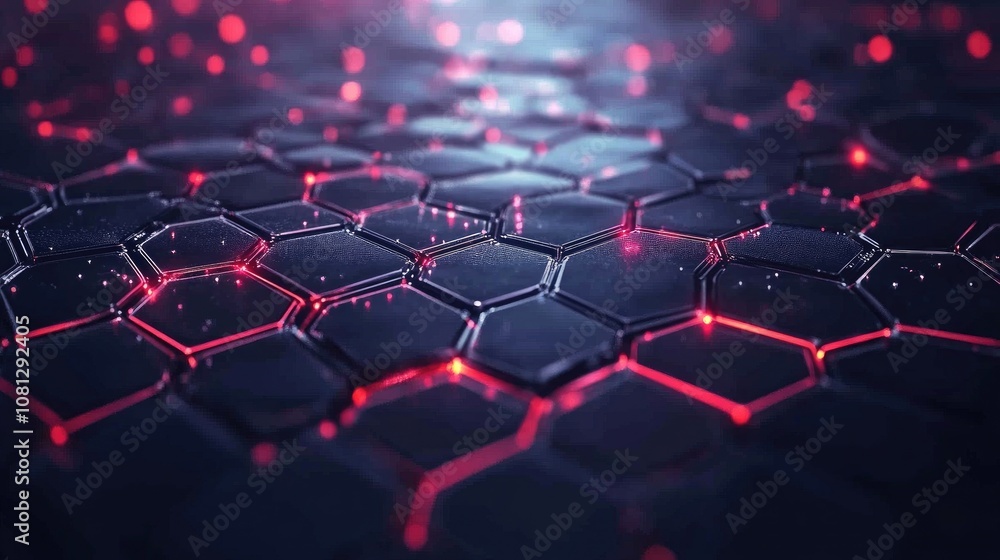 Poster abstract background of glowing honeycomb pattern with red accents and dark surface for futuristic te