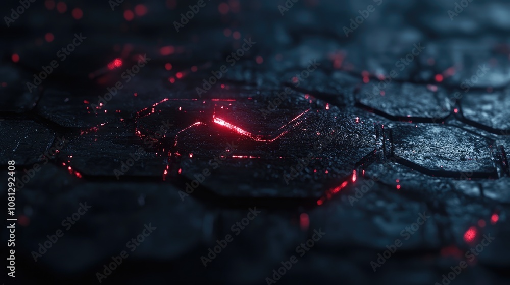Poster abstract background featuring glowing red light on dark textured hexagonal cobblestones with a myste