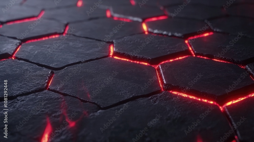 Poster hexagonal stone surface with glowing red lines, creating an abstract background evoking a futuristic
