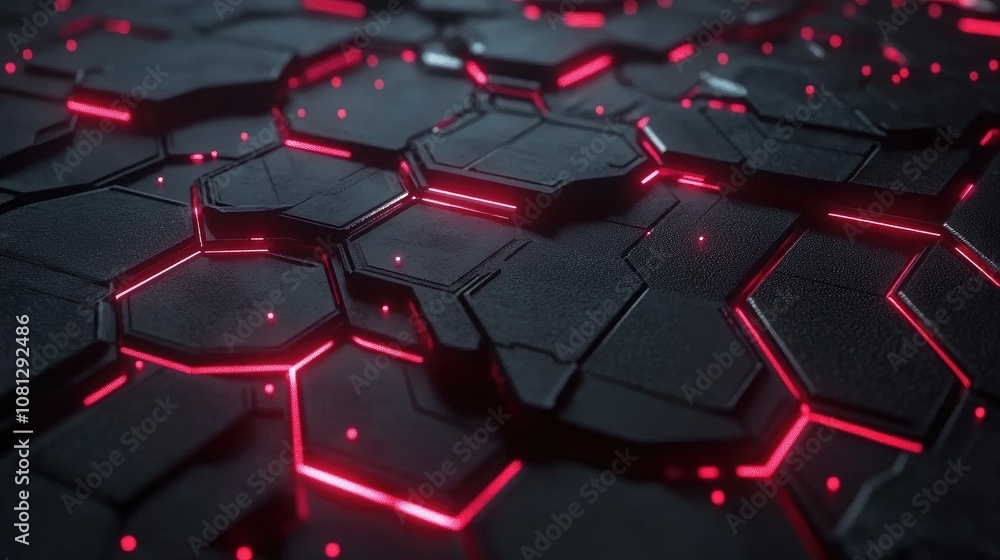 Poster abstract futuristic texture featuring a dark hexagonal surface illuminated by vibrant neon red lines