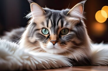 Obraz premium A fluffy cat with striking green-blue eyes lies on a soft fur blanket. The warm background with bokeh lights enhances the cozy, intimate atmosphere, highlighting the cat's serene expression