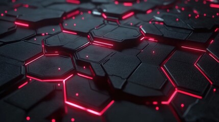 Fototapeta premium Abstract futuristic texture featuring a dark hexagonal surface illuminated by vibrant neon red lines, creating an immersive sci-fi digital atmosphere for modern design projects.