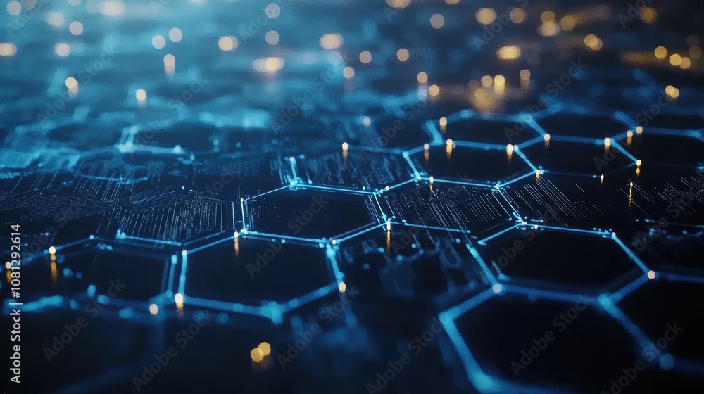 Poster abstract futuristic technology background with hexagonal patterns, glowing connections, and digital 