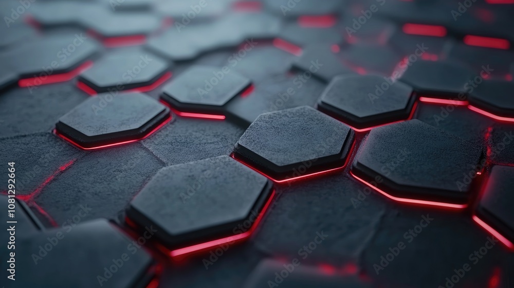Poster Futuristic Hexagonal Pattern with Glowing Red Edges on Dark Textured Surface for Modern Design Concepts and Tech Backgrounds