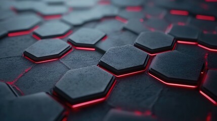 Obraz premium Futuristic Hexagonal Pattern with Glowing Red Edges on Dark Textured Surface for Modern Design Concepts and Tech Backgrounds