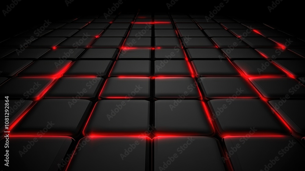 Poster abstract black and red grid pattern with illuminated squares creating a futuristic and dynamic backg