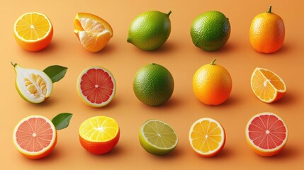 A vibrant arrangement of various citrus fruits on an orange backdrop, showcasing their textures and...