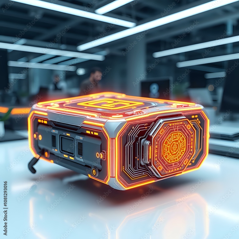 Poster neon-lit futuristic tech box with interactive button - office scene