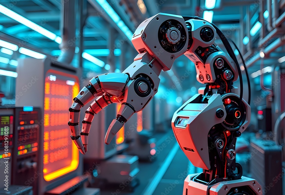 Poster industrial robot arm with camera in futuristic factory setting